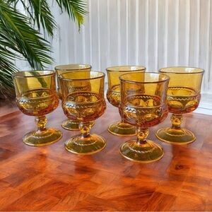 VINTAGE Indiana Glass Co. Kings Crown Royal Amber Goblets - Set of 6